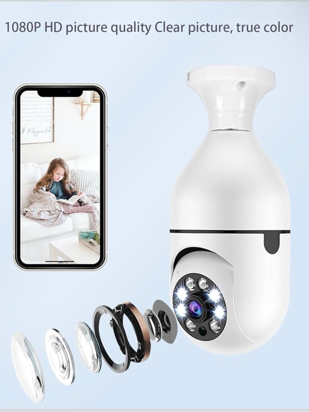 White Home Smart Bulb Camera - WiFi 360° Pan & Night Vision - Picture 2 of 6